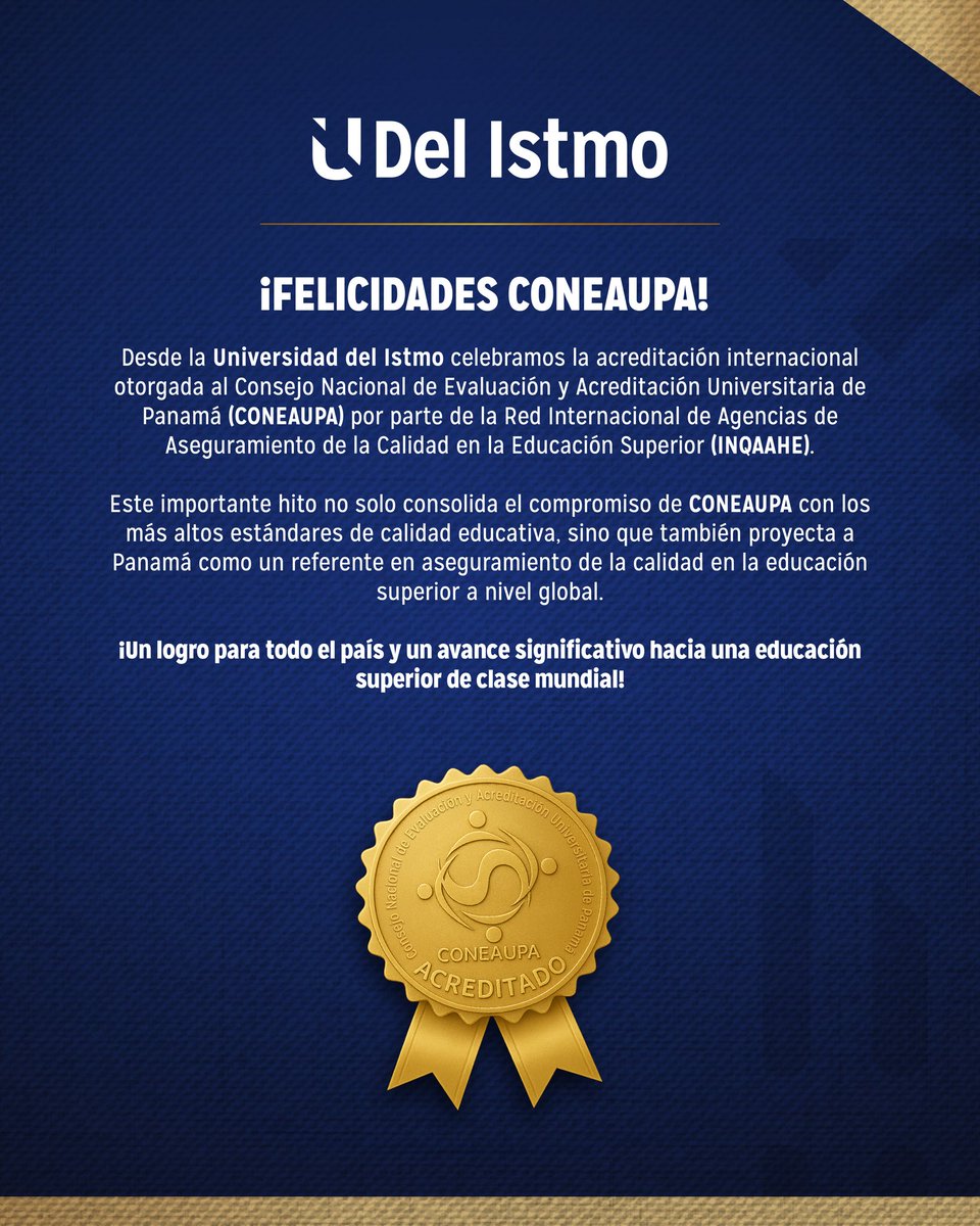 U del Istmo (@udelistmo) on Twitter photo La #UDelIstmo se une a la celebración por la acreditación internacional del <a href="/Coneaupa/">Coneaupa Panamá</a>.👏🏻
Un logro que fortalece la calidad educativa en Panamá y proyecta al país hacia una educación superior de clase mundial.🌎
¡Felicidades CONEAUPA! 🎓 La #UDelIstmo se une a la celebración por la acreditación internacional del <a href="/Coneaupa/">Coneaupa Panamá</a>.👏🏻
Un logro que fortalece la calidad educativa en Panamá y proyecta al país hacia una educación superior de clase mundial.🌎
¡Felicidades CONEAUPA! 🎓