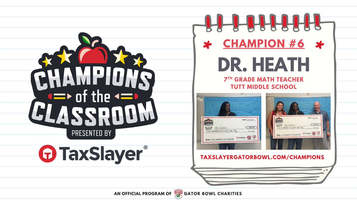 Our 6th Champion of the Classroom presented by <a href="/TaxSlayer/">TaxSlayer</a> comes from <a href="/RCSS_GA/">Richmond Co Schools</a>!

Dr. Heath is a 7th grade math teacher at Tutt Middle School! She was inspired to be a teacher because of her desire to create a positive and uplifting effect on the lives of children! 🍎