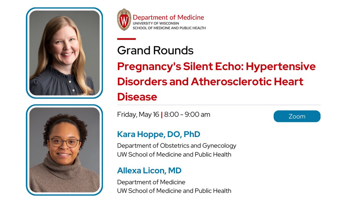 University of Wisconsin Department of Medicine (@uw_medicine) on Twitter photo Tomorrow's Grand Rounds features Dr. Kara Hoppe, <a href="/WiscObGyn/">UW Dept. of Ob-Gyn</a>, and our own Dr. Allexa Licon, <a href="/uw_cvm/">UW-Madison Division of Cardiovascular Medicine</a>, presenting “Pregnancy's Silent Echo: Hypertensive Disorders and Atherosclerotic Heart Disease,” over Zoom. Join us!
Details: medicine.wisc.edu/grand-rounds Tomorrow's Grand Rounds features Dr. Kara Hoppe, <a href="/WiscObGyn/">UW Dept. of Ob-Gyn</a>, and our own Dr. Allexa Licon, <a href="/uw_cvm/">UW-Madison Division of Cardiovascular Medicine</a>, presenting “Pregnancy's Silent Echo: Hypertensive Disorders and Atherosclerotic Heart Disease,” over Zoom. Join us!
Details: medicine.wisc.edu/grand-rounds
