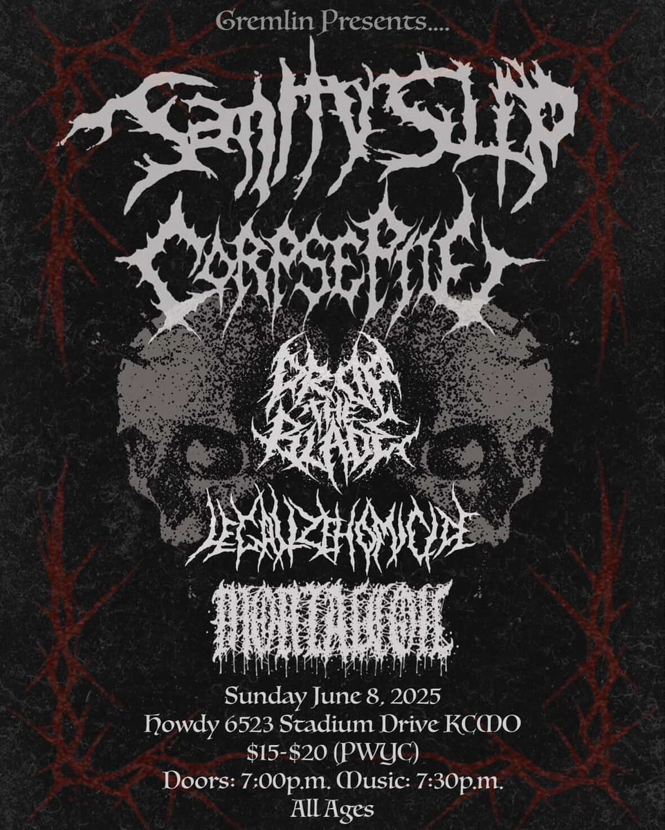 MORTAL COIL (@xmortalcoilx) on Twitter photo 🚨JUST ANNOUNCED🚨
SUNDAY, JUNE 8TH @ HOWDY
<a href="/sanityslip/">SANITY SLIP</a>
<a href="/CorpsePileTXDM/">Corpse Pile</a>
<a href="/droptheblade618/">drop the blade</a>
Along with us and our brothers in Legalize Homicide
Blame it on <a href="/gremlincc/">grem</a> 🚨JUST ANNOUNCED🚨
SUNDAY, JUNE 8TH @ HOWDY
<a href="/sanityslip/">SANITY SLIP</a>
<a href="/CorpsePileTXDM/">Corpse Pile</a>
<a href="/droptheblade618/">drop the blade</a>
Along with us and our brothers in Legalize Homicide
Blame it on <a href="/gremlincc/">grem</a>