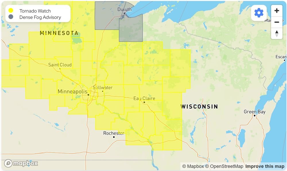 The first Tornado Watch of the day has been issued across west-central and northwestern Wisconsin until 8 pm.

Hail up to 3" in diameter and tornadoes (including strong tornadoes) are possible in the watch area.