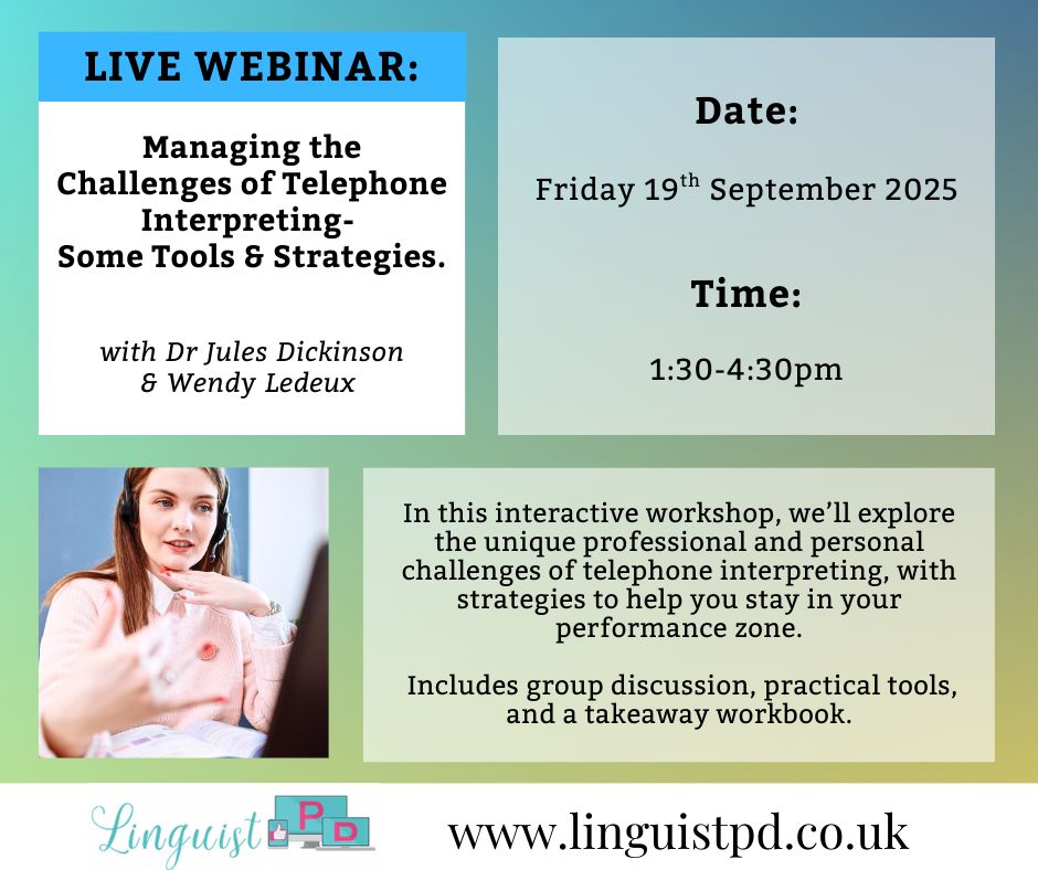 Linguistpd's tweet image. 📞 Managing the Challenges of Telephone Interpreting - Some Tools &amp;amp; Strategies

Join Jules &amp;amp; Wendy for a 3-hr webinar exploring the unique demands of phone-based interpreting.

🗓️ 19 Sept, 1:30pm | 🎓 3 CPD pts

Book now: buff.ly/H4kg5pm 

#BSLInterpreters #CPD