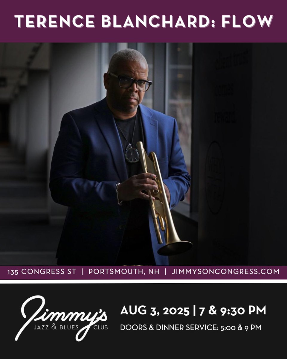 Terence Blanchard (@t_blanchard) on Twitter photo We are bringing Flow to Jimmy's in Portsmouth, New Hampshire, on Sunday, August 3, 2025, 7pm & 9:30pm. Recorded in 2005 on Blue Note Records, Flow was produced by the legend Herbie Hancock.   Get your tickets now!  
7pm
ticketmaster.com/event/010062A6…   
9:30 pm
ticketmaster.com/event/010062A6… We are bringing Flow to Jimmy's in Portsmouth, New Hampshire, on Sunday, August 3, 2025, 7pm & 9:30pm. Recorded in 2005 on Blue Note Records, Flow was produced by the legend Herbie Hancock.   Get your tickets now!  
7pm
ticketmaster.com/event/010062A6…   
9:30 pm
ticketmaster.com/event/010062A6…