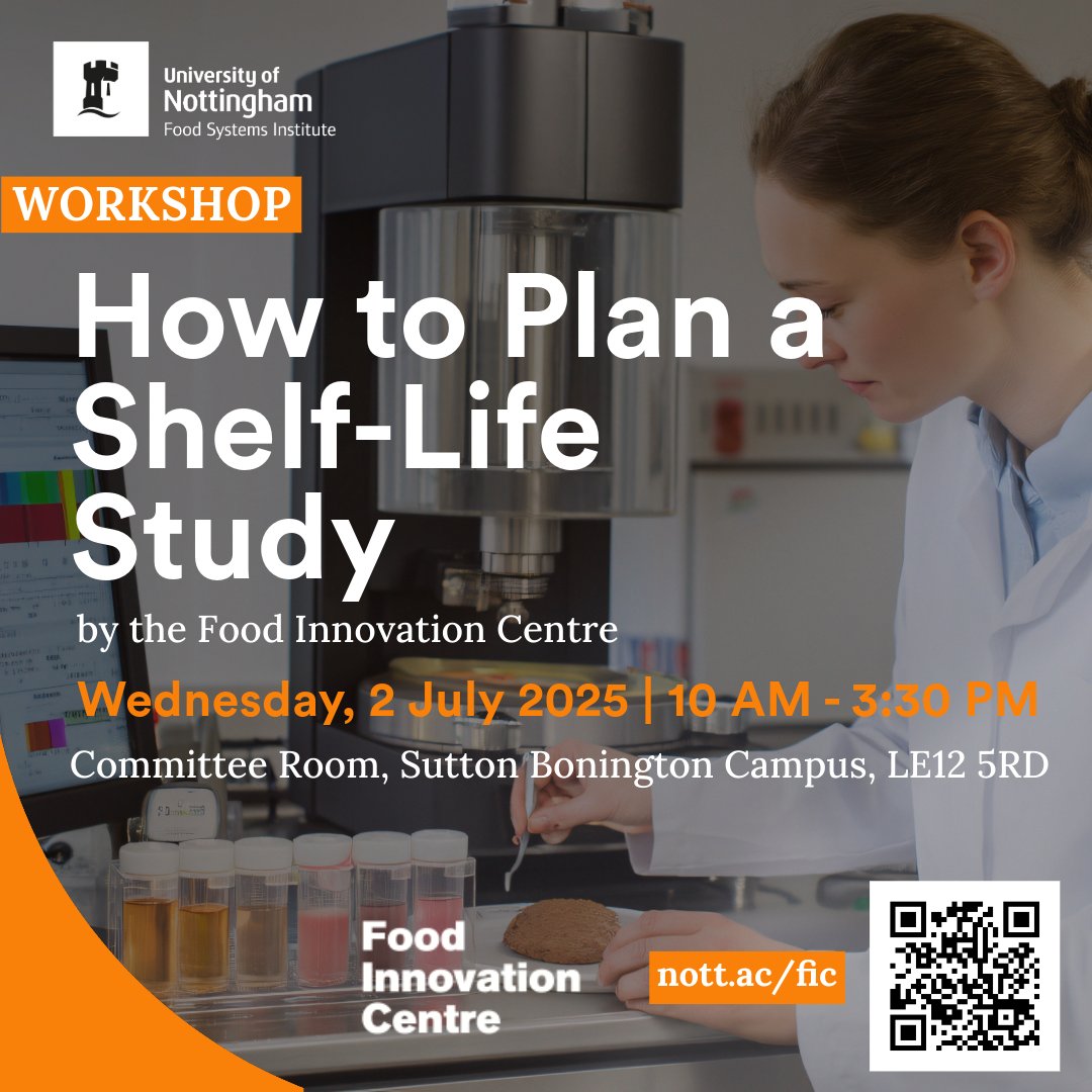 Join our Food Innovation Centre for a hands-on, in-depth workshop designed to help businesses plan and implement effective shelf-life studies.

How to Plan a Shelf-Life Study 🔍 
📅 2 July 2025
🕙 10:00 AM – 3:30 PM
📍 Sutton Bonington
🎟️Secure your spot - ow.ly/VmnM50VSpUe