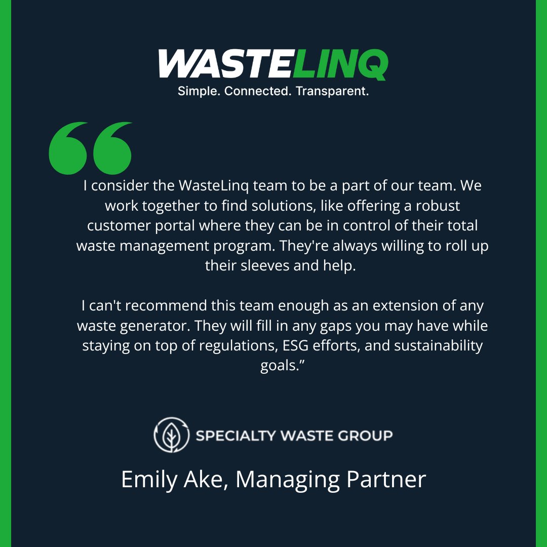 Specialty Waste Group’s Managing Partner, Emily Ake, shared how WasteLinq doesn’t just deliver software, but also rolls up our sleeves and collaborates to solve real-world challenges.
 #WasteManagement #Sustainability #ESG #CustomerSuccess #WasteGenerators #EnvironmentalSolutions