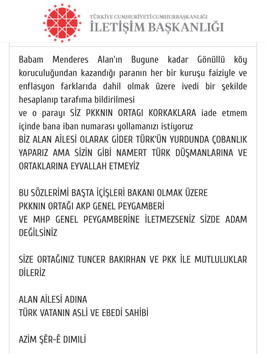 DEM Parti Eş Genel Başkanı Tuncer Bakırhan’ın korucularla ilgili açıklamalarına tepki gösteren Dımıli Aşireti’nden Muharrem Alan, CİMER’den, babasının koruculuktan aldığı paranın hesaplanmasını istedi: