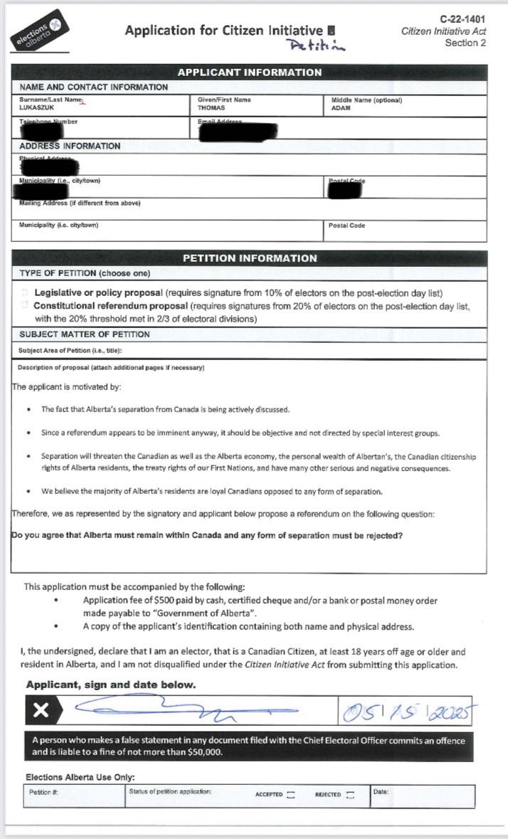 LukaszukAB's tweet image. If there is to be a discussion on Canada‘s future, it must be led by loyal Canadians, it must be informed by facts, and be respectful of our citizenship and Treaty rights.
This is why I filed today this document (along with $500 Canadian dollars ) with Elections Alberta.
#ableg