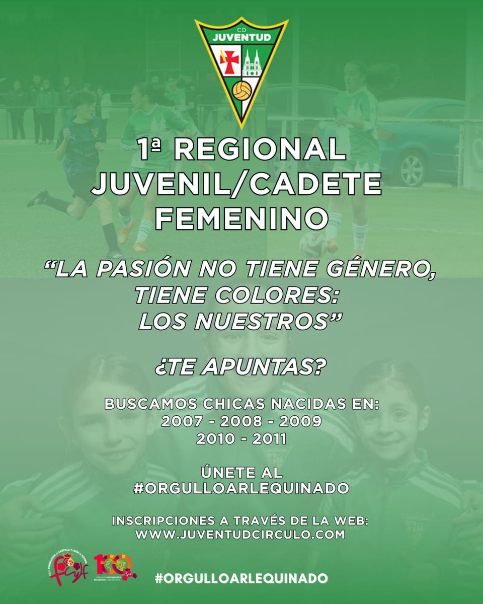 🚨 ¡Nace nuestro equipo Juvenil/Cadete Femenino!
La demanda era clara… ¡y nos lanzamos con toda la ilusión! 💚⚽

Buscamos chicas nacidas en 2007, 2008, 2009, 2010 y 2011.
¿Te apuntas al #OrgulloArlequinado?

🔗 Inscripciones: juventudcirculo.com
#FútbolFemenino #CDJuventud