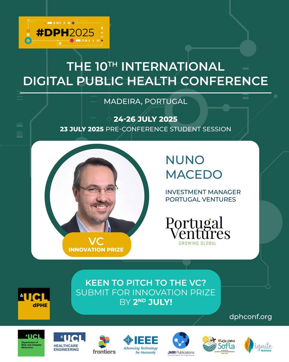 UCL Centre for Digital Public Health in Emergency (@ucl_dphe) on Twitter photo Just announced: ๐ก๐๐ป๐ผ ๐ ๐ฎ๐ฐ๐ฒ๐ฑ๐ผ of Portugal Ventures joins #DPH2025!
With 22+ yrs in VC, heโs a major player in MedTech, biotech & digital health investments.
๐ก Innovation Prize: open till ๐ฎ ๐๐๐น๐. dphconf.org/calls-for-papeโฆ
<a href="/jmirpub/">JMIR Publications</a> #HealthTech #MedTech Just announced: ๐ก๐๐ป๐ผ ๐ ๐ฎ๐ฐ๐ฒ๐ฑ๐ผ of Portugal Ventures joins #DPH2025!
With 22+ yrs in VC, heโs a major player in MedTech, biotech & digital health investments.
๐ก Innovation Prize: open till ๐ฎ ๐๐๐น๐. dphconf.org/calls-for-papeโฆ
<a href="/jmirpub/">JMIR Publications</a> #HealthTech #MedTech