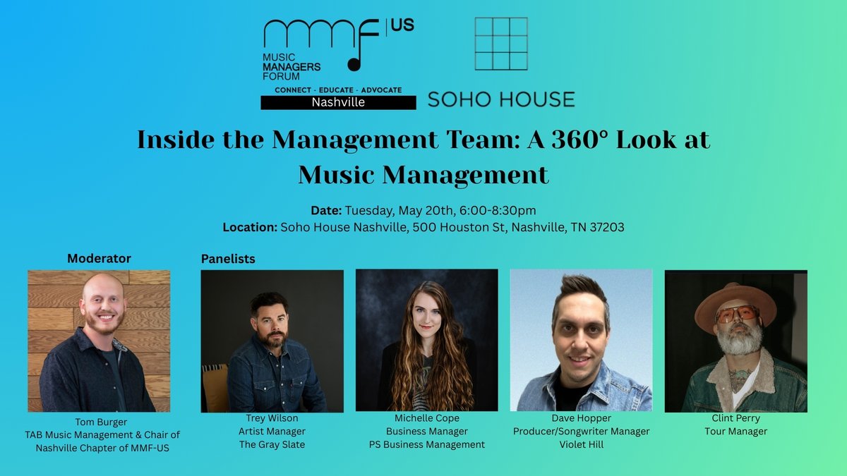Music Managers Forum (@mmfus) on Twitter photo Presented by the <a href="/MMFUS/">Music Managers Forum</a> Nashville Chapter, this dynamic panel takes place on May 20th at @SohoHouse Nashville. The event highlights the wide range of professionals who play critical roles in guiding artistsā careers behind the scenes.
RSVP Here eventbrite.com/e/inside-the-mā¦
#MMFUS Presented by the <a href="/MMFUS/">Music Managers Forum</a> Nashville Chapter, this dynamic panel takes place on May 20th at @SohoHouse Nashville. The event highlights the wide range of professionals who play critical roles in guiding artistsā careers behind the scenes.
RSVP Here eventbrite.com/e/inside-the-mā¦
#MMFUS