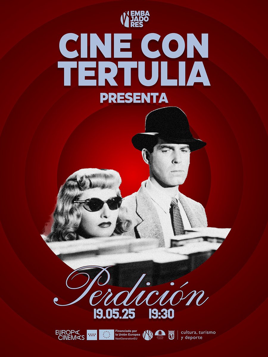 CineConTertulia's tweet photo. Obra maestra de Billy Wilder, PERDICIÓN estableció el canon para las posteriores películas de cine negro.

Ven a verla en pantalla grande el lunes 19 mayo (19:30h., @CineEmbajadores Río, C/ Ercilla 53). Y después, coloquio con @juanwakamatsu.

Entradas:
https://t.co/QEPrZp9wsJ https://t.co/28U0gysOVF