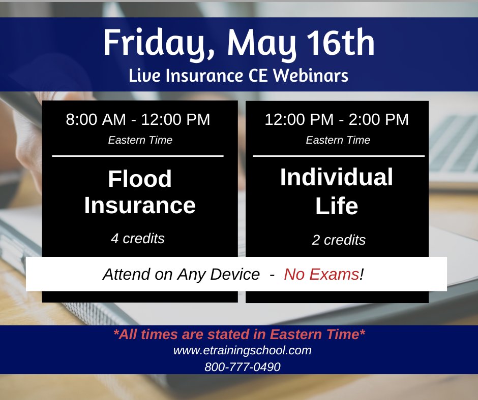 EITINS's tweet image. Join us FRIDAY for #FloodInsurance (4cr) and #IndividualLife (2cr).

Login - Listen - Earn CE!

Click the link and select your state to register: etrainingschool.com/clientsite/Cla…