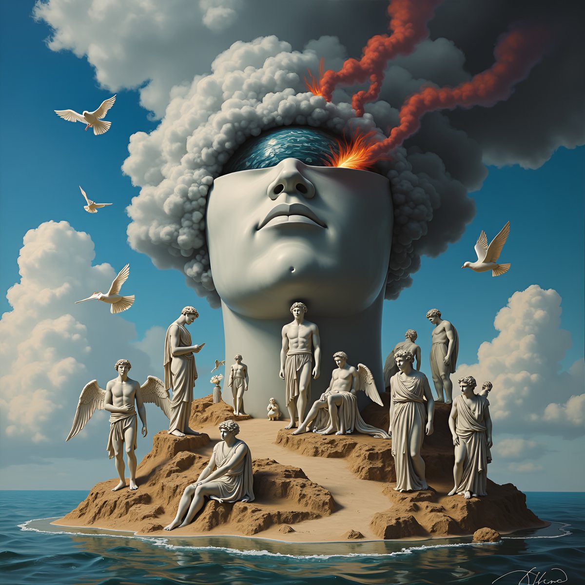 PromptSin's tweet image. Mind over chaos: a surreal blend of classical statues and a volcanic mind. 🌋✨ #SurrealArt #Mindscape