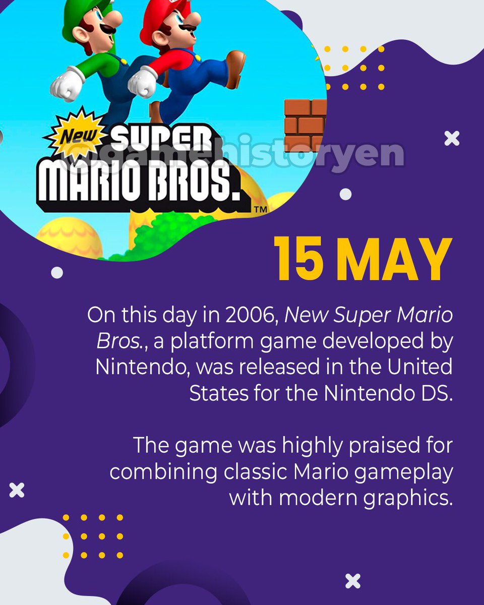gamehistoryEn's tweet photo. Today in Gaming!
Follow us for daily notes from gaming history!🎮

#OnThisDay #SuperMario #NintendoDS #GamingHistory #RetroGaming #ClassicGames #OldSchoolMario #MarioTime #OldSchoolGaming #NintendoGames #TodayInGaming #ThrowbackGaming #ClassicGames #GameHistory #VideoGameHistory https://t.co/TJr0X9LCbR