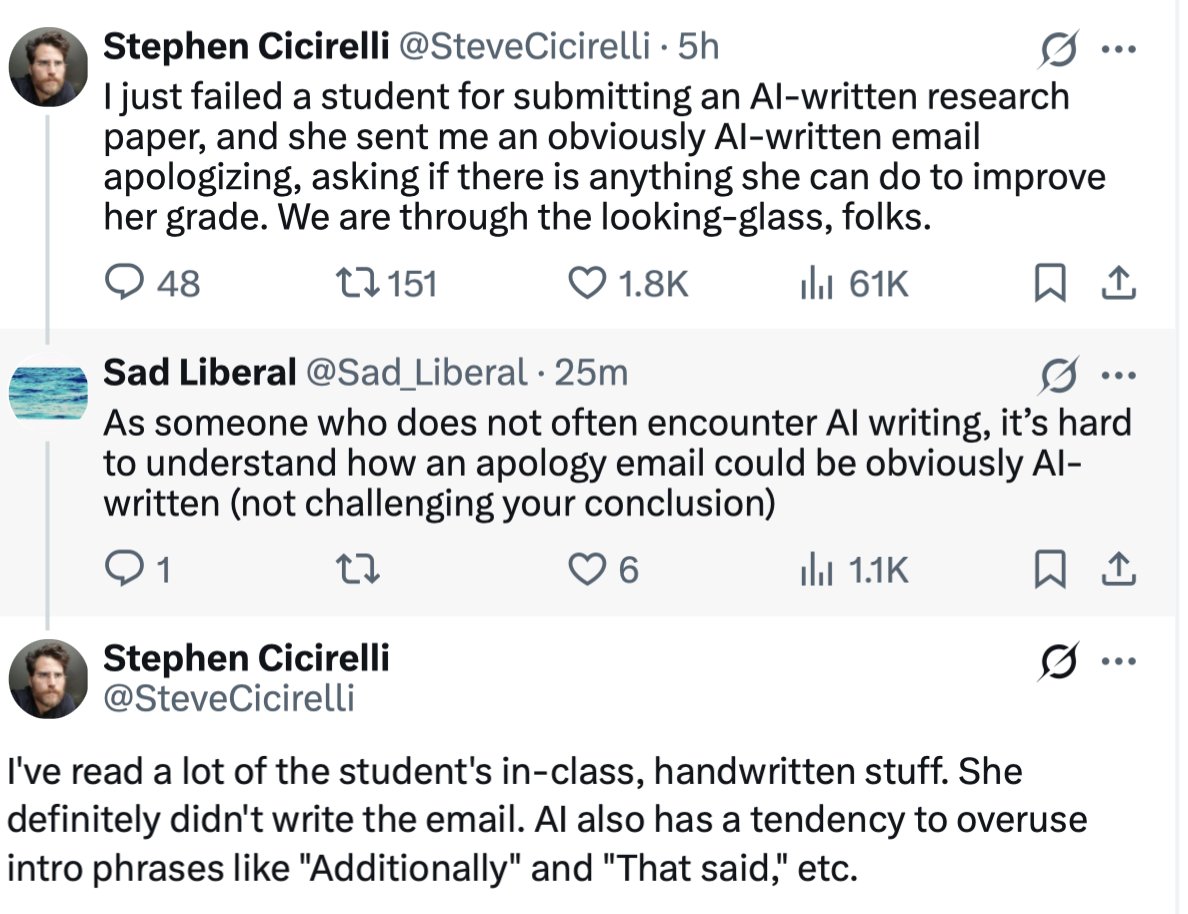 RichardHanania's tweet photo. "My students are so dumb that when they write grammatical sentences and use transition phrases I know it's AI." 

I think this indicates that academia has bigger issues than ChatGPT. https://t.co/ob6c7Q9NAU