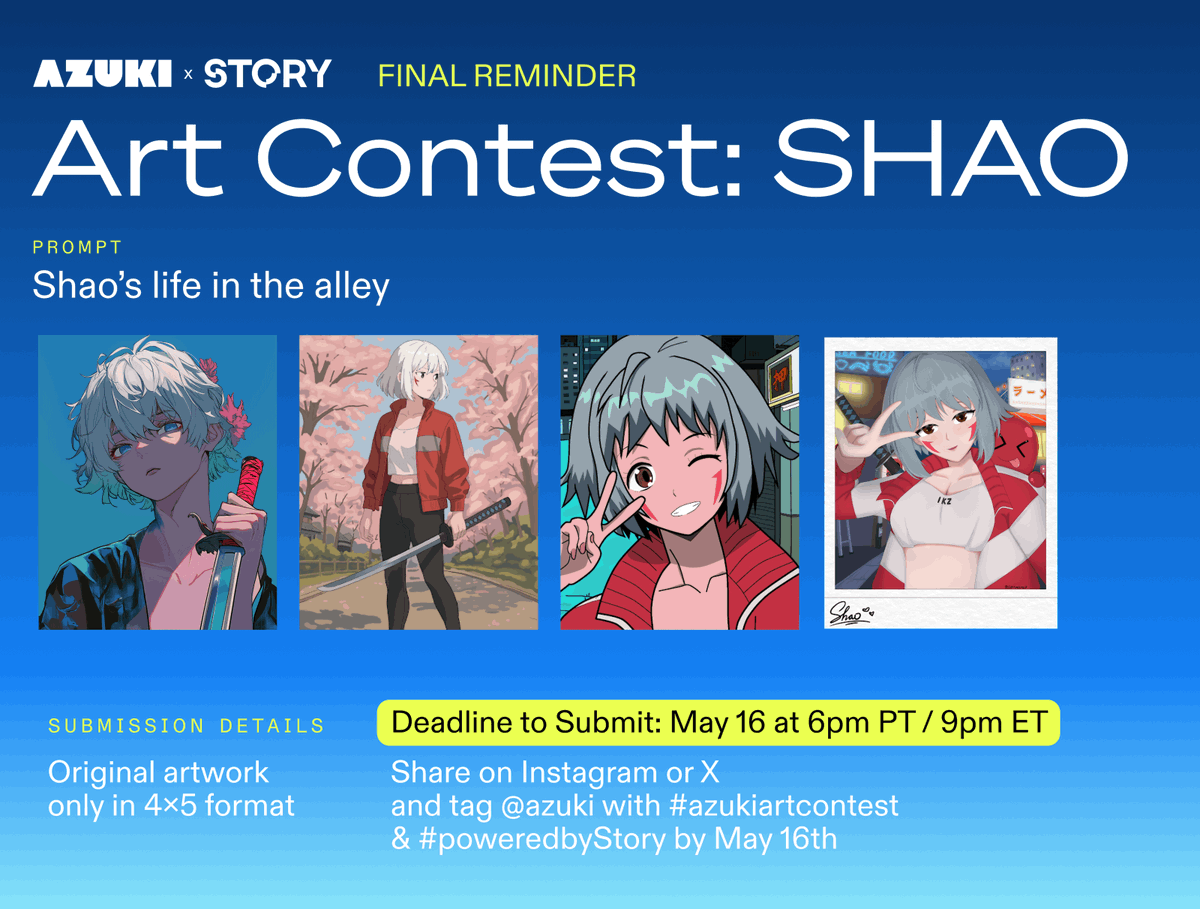datafdn's tweet photo. Tomorrow: last chance to register your @azuki remix on the IP Portal!

・Create and register your remix of Shao
・15 winners, one $1000 grand prize
・Submit by May 16 at 6pm PT / 9pm ET

Shout out to all submissions so far. Add yours ↴

https://t.co/iJJKOrFWft https://t.co/7gsVQQOu2Y