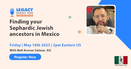 Join us Friday for the next webinar in our #Mexico series. Nefi Arenas Salazar, AG® will present "Finding your #Sephardic Jewish ancestors in Mexico!" ow.ly/trw750VTlrO #genealogy