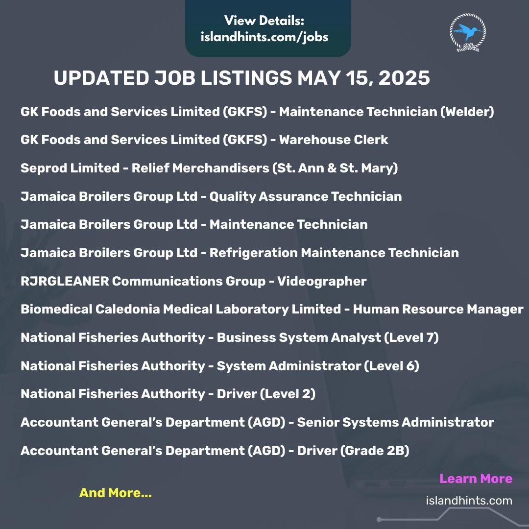 🔗 Apply Now: Visit islandhints.com/jobs for direct links to all listings.

⚠️ Applications cannot be submitted on our website. Follow the job listing for full details.

👥 Tag someone who’s job hunting &amp; follow <a href="/islandhints/">Islandhints</a> for daily updates!#JobsInJamaica #IslandHints