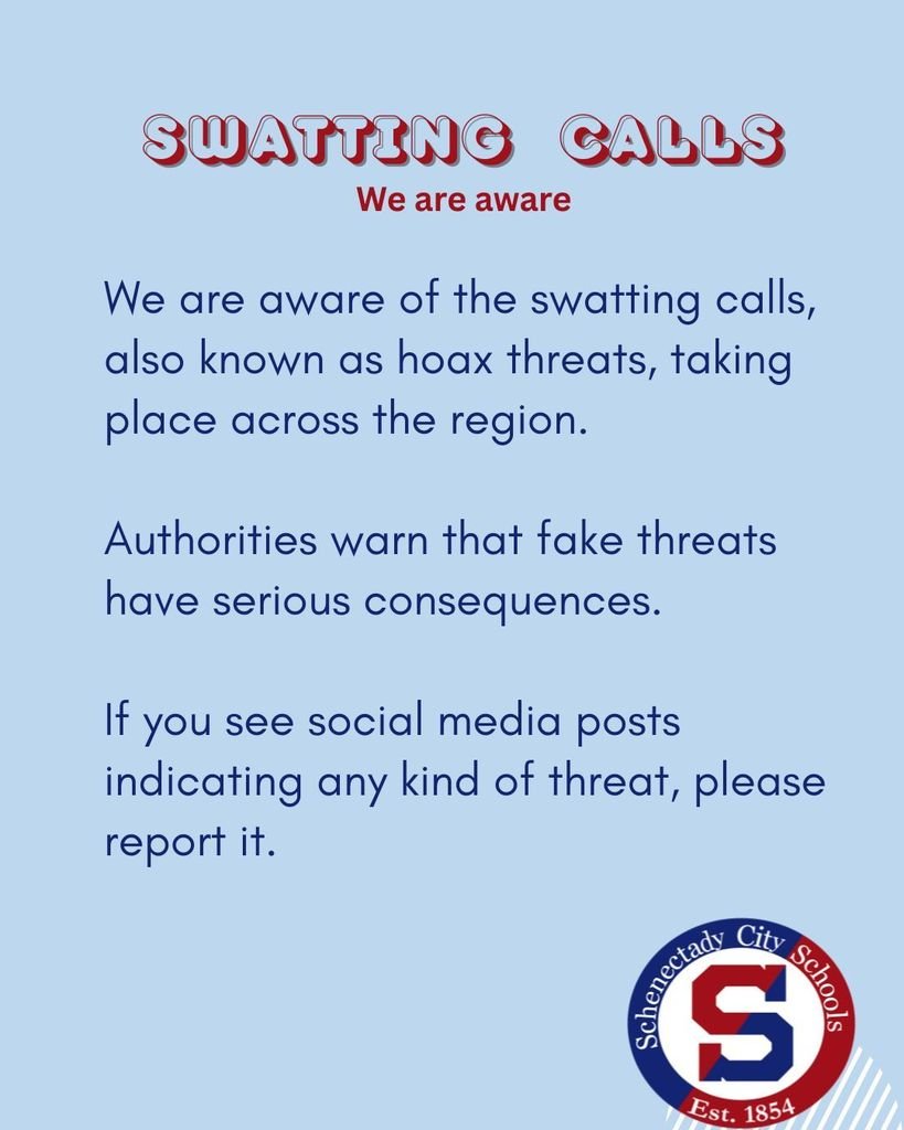We are aware of the swatting calls taking place across the region.   We realize that you may have seen these posts from other areas.  Our  local police are also aware .  Fake  threats have serious consequences.  If you see  posts with any  kind of threat, please report it.