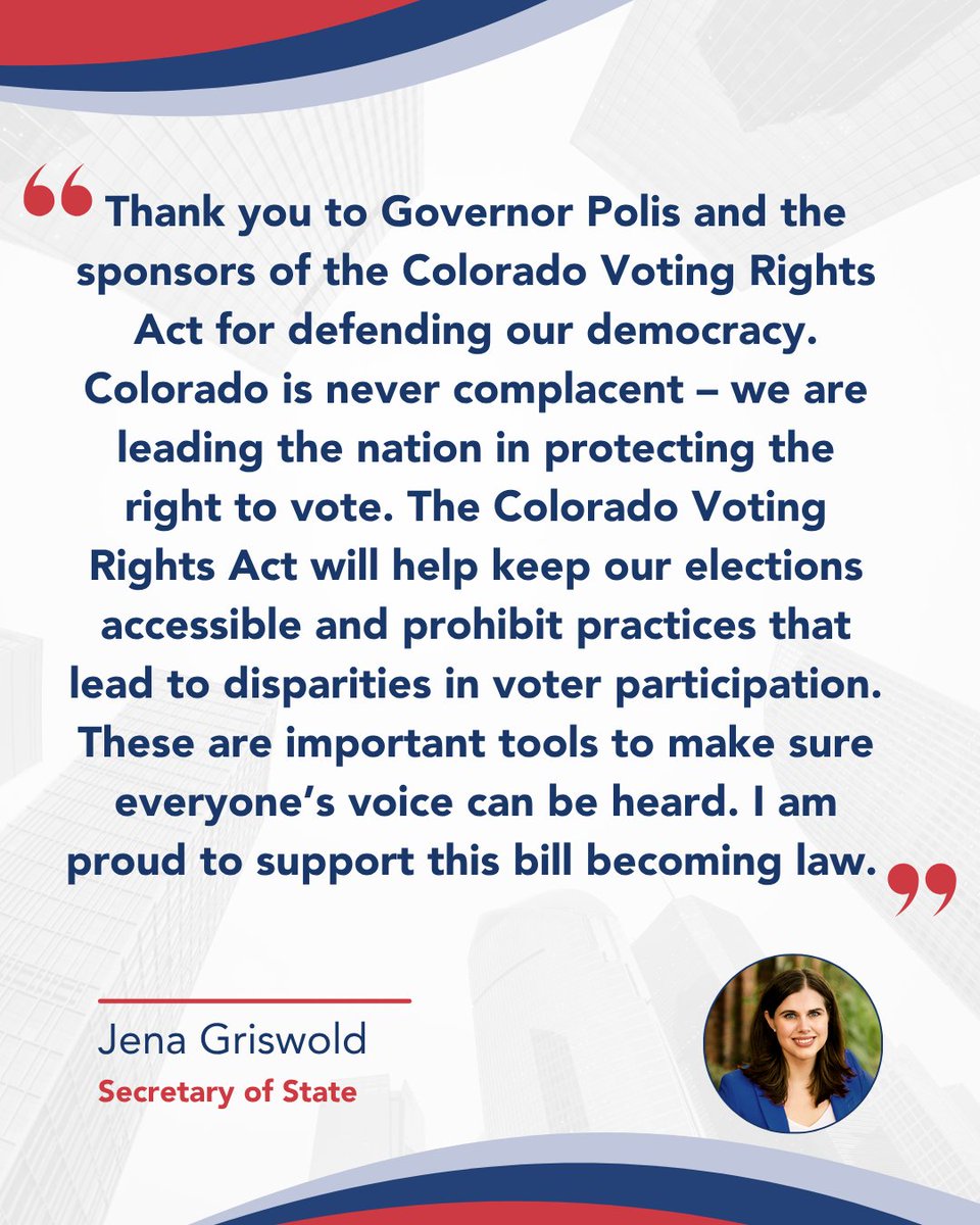 Colorado Secretary of State's Office (@cosecofstate) on Twitter photo . <a href="/GovofCO/">Governor Jared Polis</a> recently signed SB25-001, Colorado Voting Rights Act, into state law! COVRA builds on the federal Voting Rights Act to ensure Colorado’s elections remain free, fair & accessible. Sec. Griswold proudly supports these efforts to ensure every Colorado voter can be heard! . <a href="/GovofCO/">Governor Jared Polis</a> recently signed SB25-001, Colorado Voting Rights Act, into state law! COVRA builds on the federal Voting Rights Act to ensure Colorado’s elections remain free, fair & accessible. Sec. Griswold proudly supports these efforts to ensure every Colorado voter can be heard!