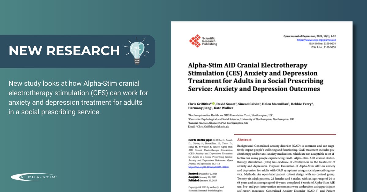 Exciting news from the UK - newly published #NHS research study in the Open Journal of Depression looking @ how Alpha-Stim® cranial electrotherapy stimulation (CES) can work for #anxiety &amp; #depression treatment for adults in a social prescribing service: bit.ly/4kgDe3D