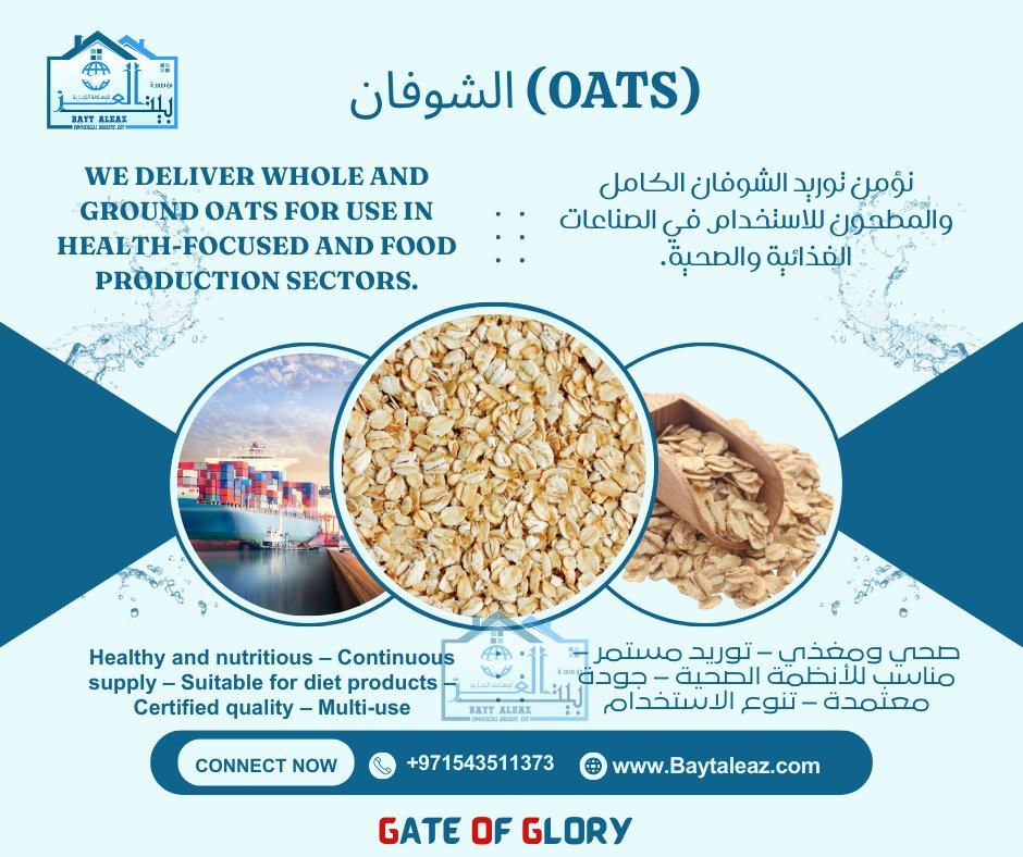 BaytAleaz's tweet photo. :

🌾 Premium Oats – Healthy, Versatile &amp; In-Demand!
We supply rolled, instant &amp; organic oats – perfect for retail, private label &amp; bulk buyers.
Available across UAE, Gulf
📦Custom packing &amp; fast delivery. DM for pricing!
#Oats #HealthyFood #WholeGrains #BaytAleaz #FoodTrading https://t.co/yAKpBhpvS8