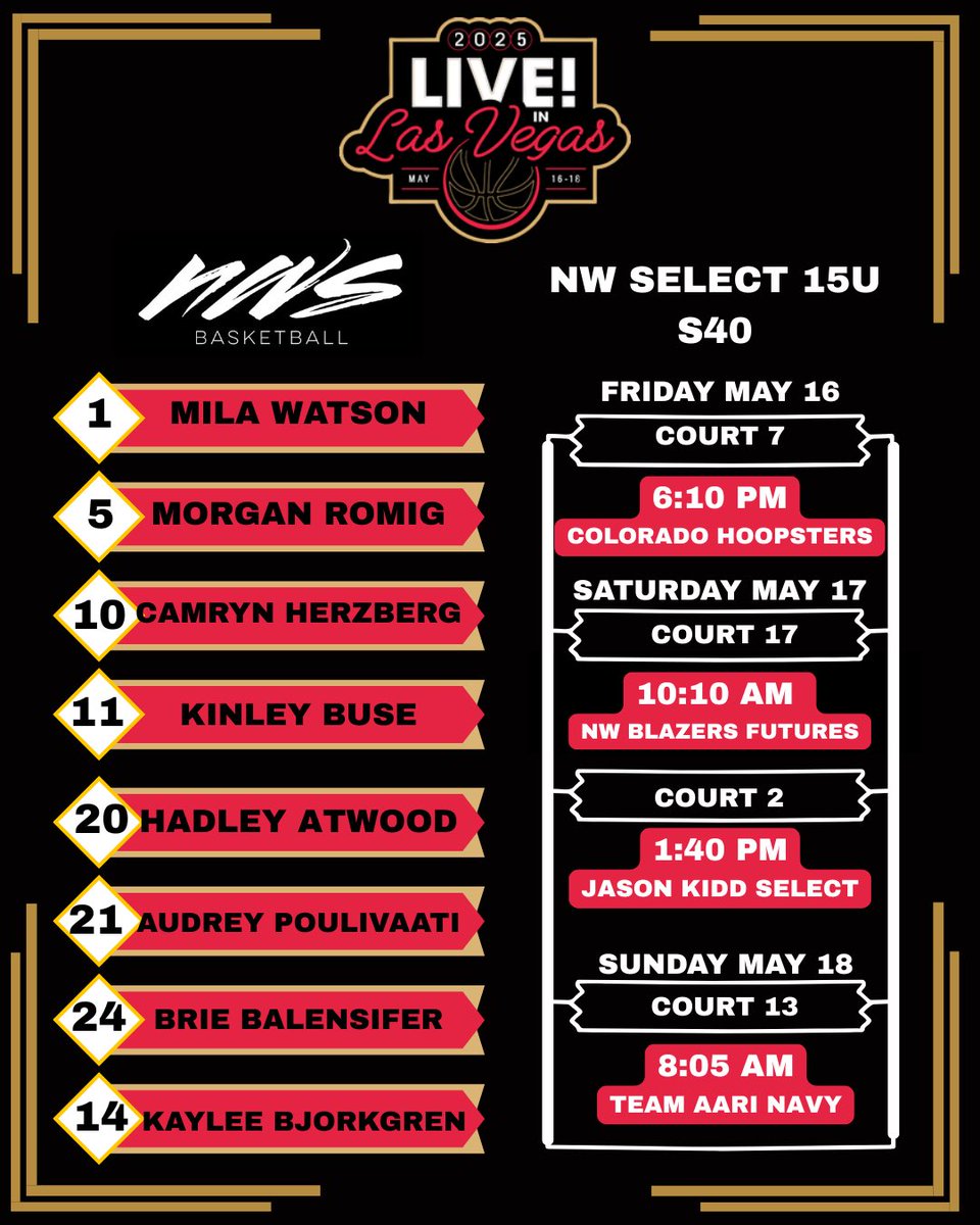 Northwest Select 15U S40 Schedule and Roster for Vegas ‼️
