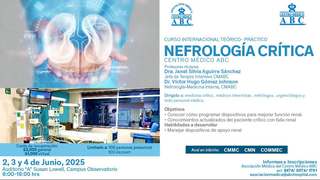 vikouerMD's tweet photo. Los invitamos al primer curso de nefrología crítica en el Centro Médico ABC. Contaremos con profesores nacionales e internacionales (vía zoom) de muy alto nivel y reconocimiento. Informes envíenme mensaje! @galindozip @renal_enzo @salvadorlgil https://t.co/BRfyrw8PeT