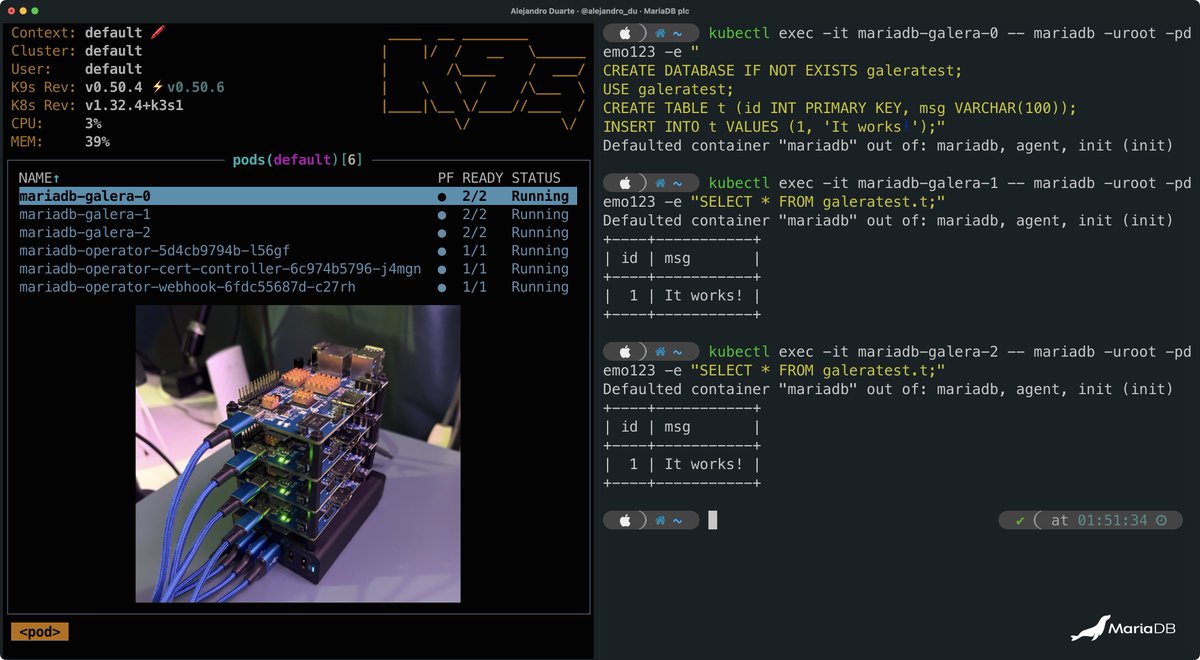 alejandro_du's tweet image. 🤩 4-node @MariaDB @GaleraCluster running on #Kubernetes (K3s on Orange Pi LTS 3). How-to article coming soon... stay tuned!
#MariaDB #GaleraCluster #K8s #OrangePi #EdgeComputing #HomeLab #Database