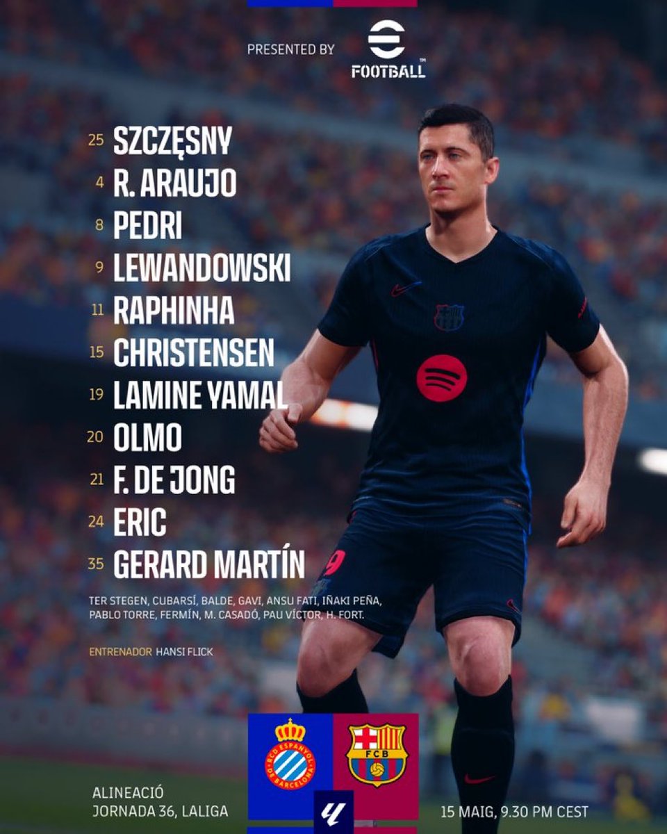 fcbarcelona_uru's tweet photo. 🚨 HAY ONCE 🆚 RCD ESPANYOL:

Szczęsny / Gerard Martin, Araujo, CHRISTENSEN, Eric García / Pedri, Frenkie de Jong, Dani Olmo / Raphinha, Lewandowski, Lamine Yamal

🇺🇾 Araujo TITULAR.

GANEN. ❤️💙

#FORCABARCA #EspanyolBarça https://t.co/5nK0mfyRGs