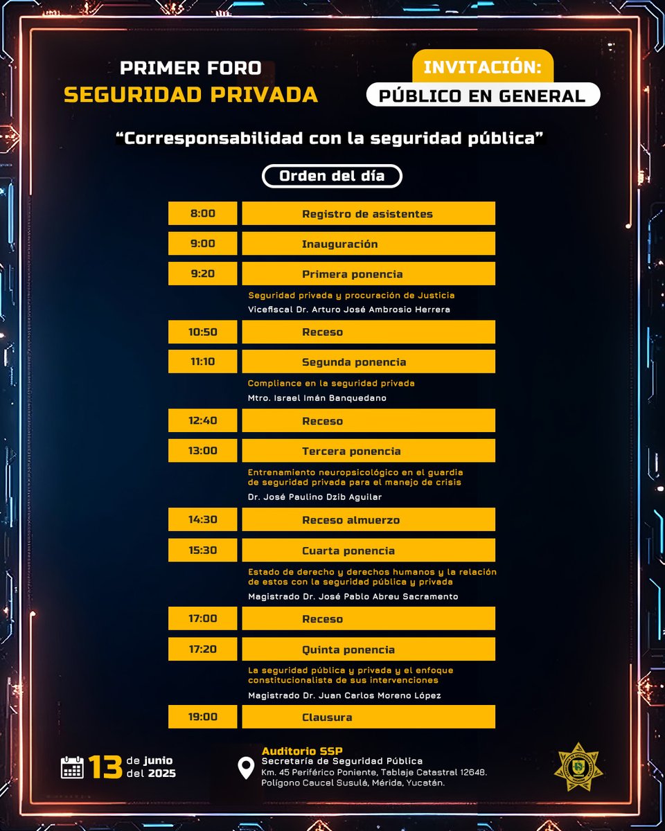 sspyuc's tweet photo. 🔐 Primer Foro de Seguridad Privada
La seguridad es una tarea compartida.

Te invitamos al foro "Corresponsabilidad con la seguridad pública", un espacio de diálogo y colaboración entre ciudadanía, sector privado e instituciones.

🗓️ 13 de junio de 2025
📍 Auditorio de la SSP Yucatán
📌 Invitación abierta al público en general

📲 Regístrate en el siguiente enlace : https://t.co/vHaVCXzJm9

👥 Participa, infórmate y fortalezcamos juntos la cultura de la prevención.
