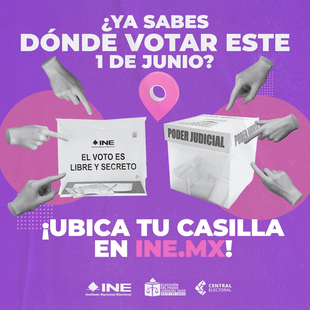 🚨 ¡Ya faltan pocos días para las #EleccionesJudiciales! Da clic en: ubicatucasilla.ine.mx y vota este 01 de junio.