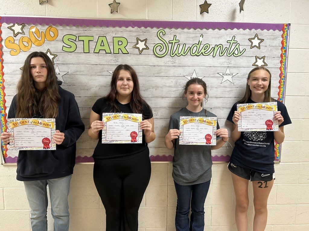 🌟 Celebrating Excellence! 🌟
The 8th Grade Team is proud to present our April SoCo Star students!
From left to right:
Addy Maclay – ELA 📚
Stella Adams – History 🏛️
Brenna Thomas – Math ➗
Ellie Unger – Science 🔬
Way to go, stars! Keep shining bright! ✨