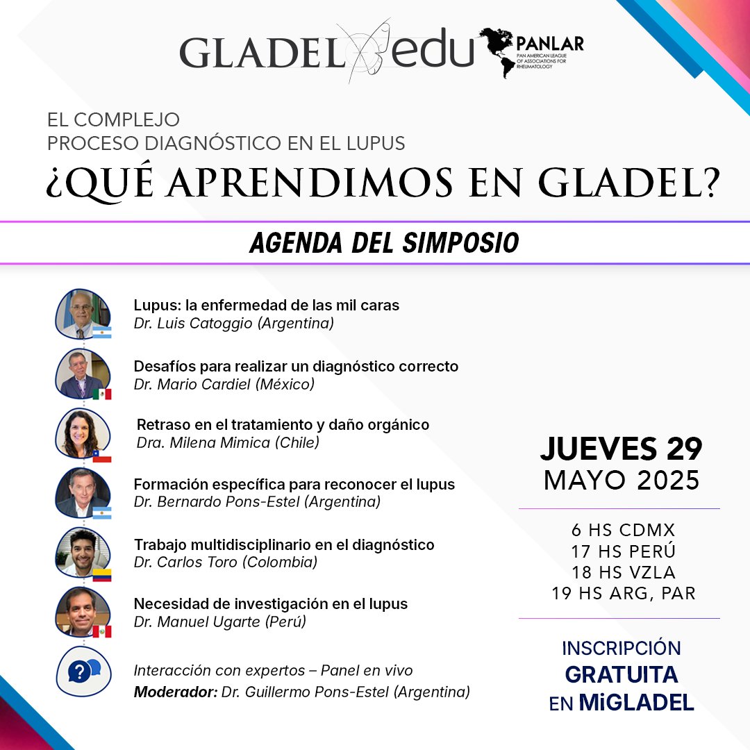 GLADEL (@gladel_latam) on Twitter photo 📘 Conocé la agenda del Simposio GLADEL-Edu.
🎟️ Gratuito – Inscribite en 👉 migladel.gladel.org
📬 secretaria@gladel.org
<a href="/gponsestel/">Guillermo Pons Estel</a> @bponsestel <a href="/manuel/">Manuel Deschamps</a>.ugartegil <a href="/dra/">どら@冬眠中</a>.fuentes.reuma @azalearojasreuma @panlarleague
#GLADEL #SimposioGLADEL #Lupus #EducaciónMédica 📘 Conocé la agenda del Simposio GLADEL-Edu.
🎟️ Gratuito – Inscribite en 👉 migladel.gladel.org
📬 secretaria@gladel.org
<a href="/gponsestel/">Guillermo Pons Estel</a> @bponsestel <a href="/manuel/">Manuel Deschamps</a>.ugartegil <a href="/dra/">どら@冬眠中</a>.fuentes.reuma @azalearojasreuma @panlarleague
#GLADEL #SimposioGLADEL #Lupus #EducaciónMédica