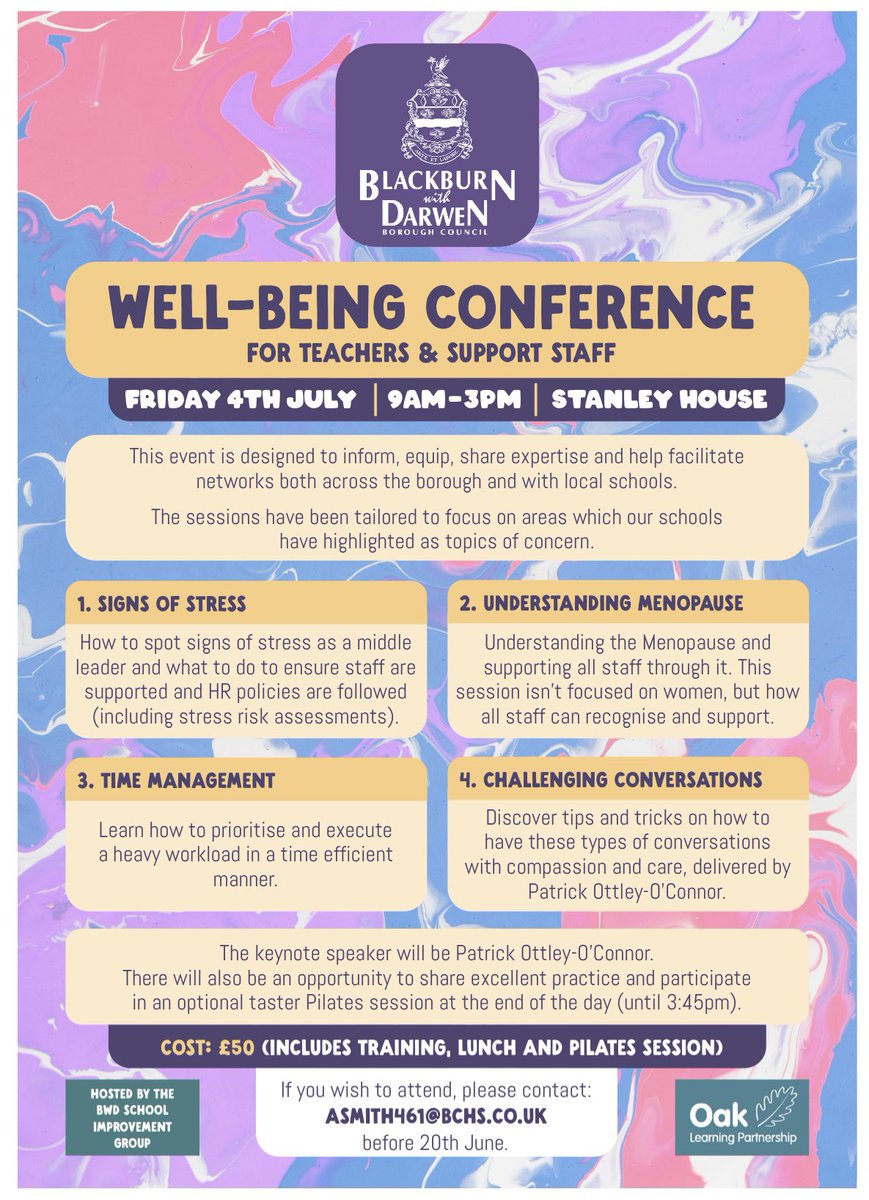 <a href="/ShanazHussain3/">Shanaz Hussain</a> &amp; the other wonderful leaders of the Blackburn with Darwin School Improvement Group are hosting a Well-being Conference on Friday 4th July

Come and join us as we explore &amp; share all things staff wellbeing!