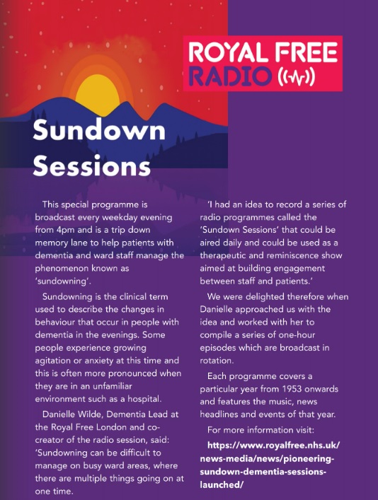 Royal Free Radio (@royalfreeradio) on Twitter photo We're 55 years old in 9 days time! Our special programme "Sundown Sessions" is aimed at helping patients with dementia and ward staff manage the phenomenon known as ‘sundowning’ (see below). Made in conjunction with the Royal Free Dementia Lead. <a href="/RoyalFreeNHS/">Royal Free London</a> <a href="/RoyalFreeChty/">Royal Free Charity</a> We're 55 years old in 9 days time! Our special programme "Sundown Sessions" is aimed at helping patients with dementia and ward staff manage the phenomenon known as ‘sundowning’ (see below). Made in conjunction with the Royal Free Dementia Lead. <a href="/RoyalFreeNHS/">Royal Free London</a> <a href="/RoyalFreeChty/">Royal Free Charity</a>