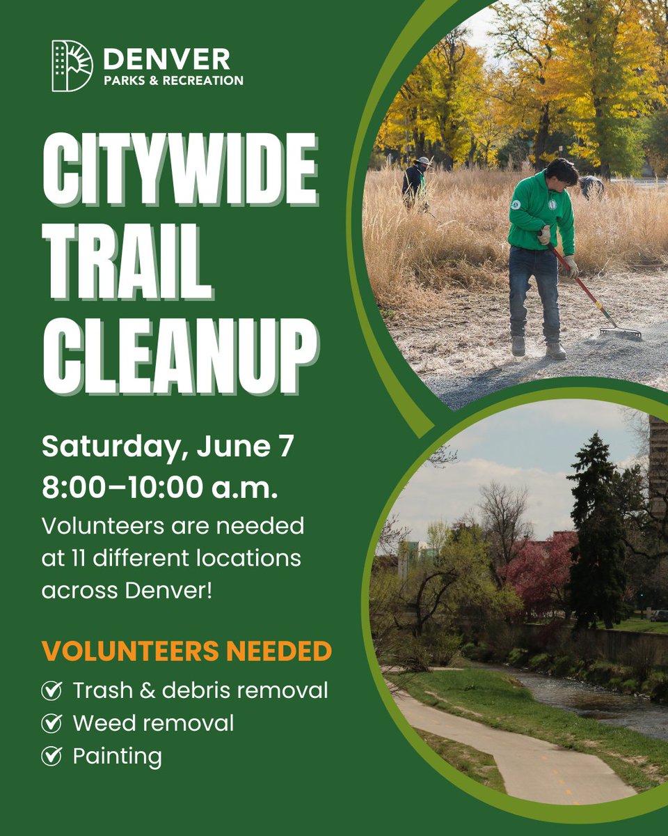 City and County of Denver (@cityofdenver) on Twitter photo <a href="/denverparksrec/">Denver Parks & Recreation</a> invites you to join a city-wide trail cleanup this summer! Volunteers are needed at one of 11 locations to help with trash and debris removal, painting, & weeding to keep Denver's trails looking great and in good condition for all users. godenverparks.denvergov.org/calendar <a href="/denverparksrec/">Denver Parks & Recreation</a> invites you to join a city-wide trail cleanup this summer! Volunteers are needed at one of 11 locations to help with trash and debris removal, painting, & weeding to keep Denver's trails looking great and in good condition for all users. godenverparks.denvergov.org/calendar