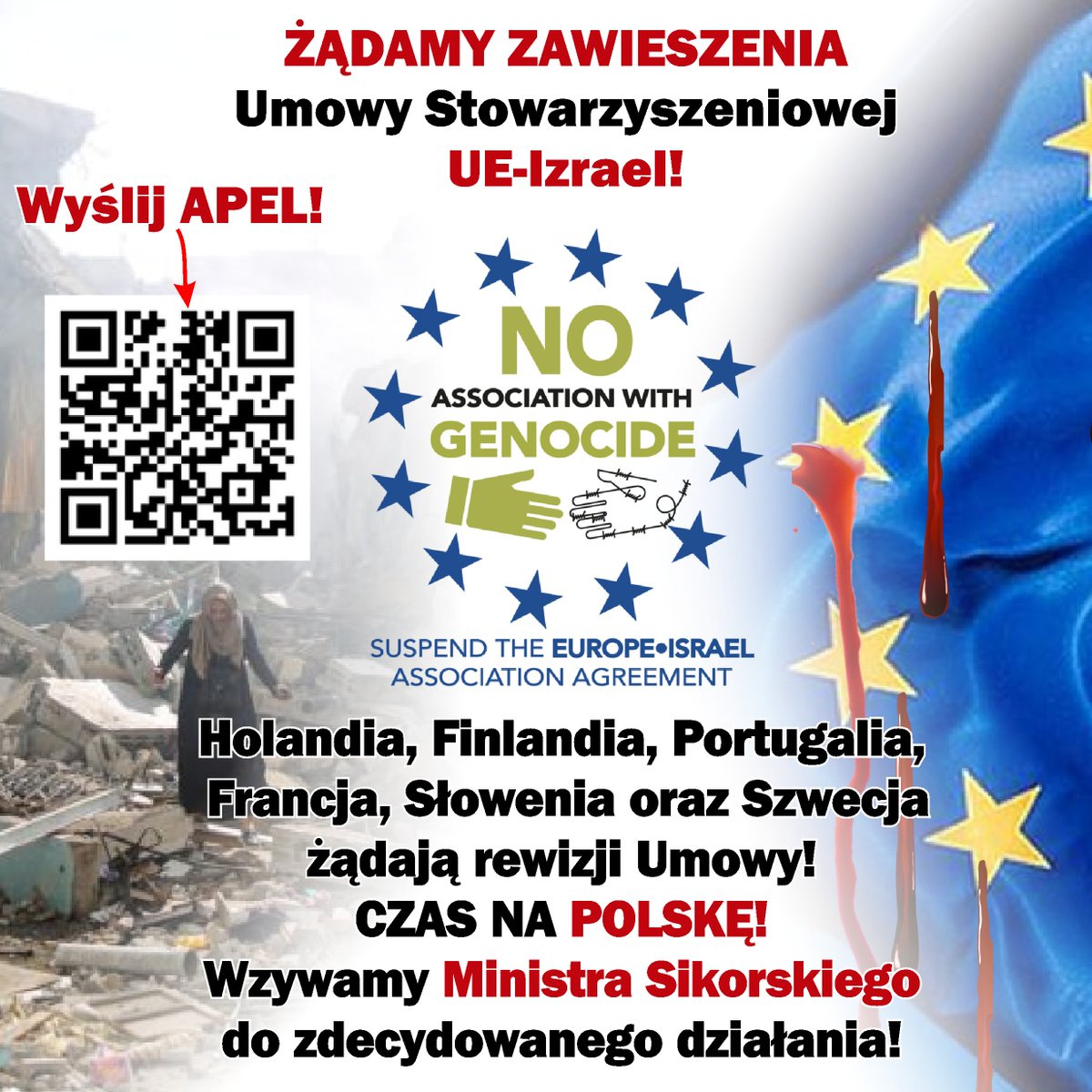 KampPalestyna's tweet photo. Panie Ministrze @sikorskiradek! Czas, by POLSKA 20.05 na FAC UE dołączyła do Holandii, Finlandii, Portugalii, Francji, Słowenii, Szwecji i wsparła zawieszenie Umowy Stowarzyszeniowej UE-Izrael oraz wezwała do natychmiastowego wpuszczenia pomocy humanitarnej do Strefy Gazy! #Gaza https://t.co/vbiuj1ePzS