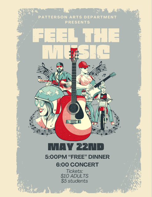 One week to go!  Thursday, May 22nd,  Patterson  Arts  Department Spring fling ~~ FEEL THE MUSIC wil begin at 5PM with a free dinner and the fundraiser kickoff at 6pm. Siente la música 22 de mayo cena gratis 5pm concierto con donaciones 6pm #KaneStreetCrew