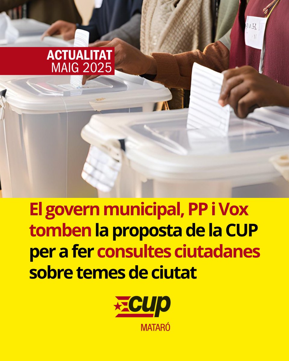 Mataró sense veu🤐

📰El govern municipal, PP i Vox tomben la proposta de la CUP Mataró per a fer consultes ciutadanes sobre temes de ciutat

👇🏽T'ho expliquem!