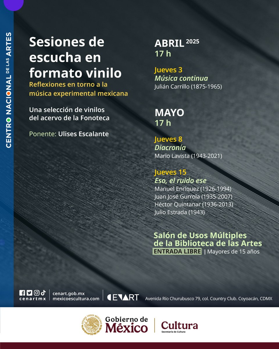 BiblioArtes's tweet image. Hoy tenemos Sesión de escucha en formato vinilo 🎶
Eso, el ruido ese
 Manuel Enríquez (1926-1994)
 Juan José Gurrola (1935-2007)
 Héctor Quintanar (1936-2013)
 Julio Estrada (1943)
#Música   
#EscúchaMúsica
#DiscoVinilo