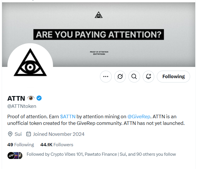 🚨 Big news! A wild new project just appeared out of nowhere: Proof of Attention 👁️

Meet $ATTN a token you can mine simply by grabbing attention through <a href="/GiveRep/">GiveRep</a> .

The goal? To build the biggest meme coin trading platform on Sui.

Let me explain how this works 👇

Back in the