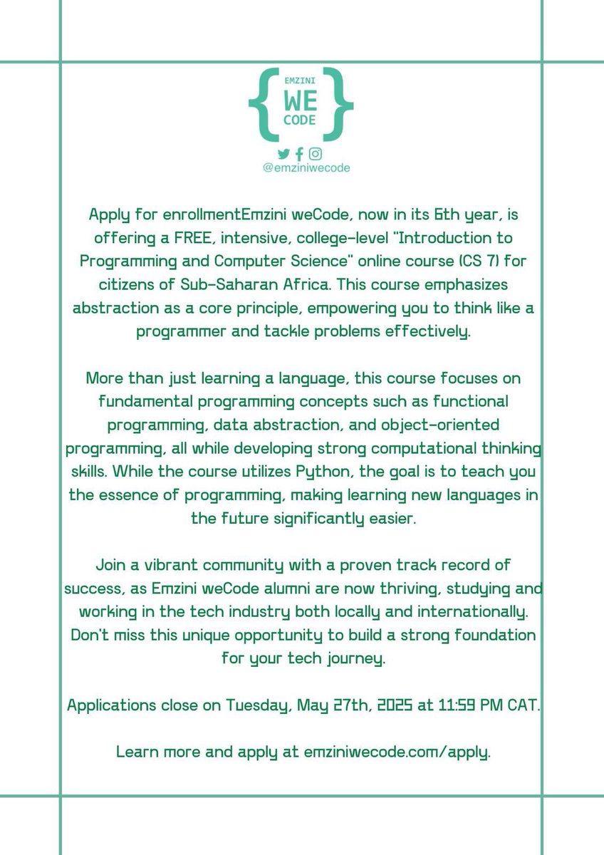 emziniwecode's tweet photo. We are live for this year with CS7, our free online college level Computer Science class.
Apply at https://t.co/IFzZrGG0m1
Deadline Tuesday May 27th at 11:59 PM CAT
#emziniwecode @daddyhope @nickmangwana @advocatemahere https://t.co/uylDPLDxrB