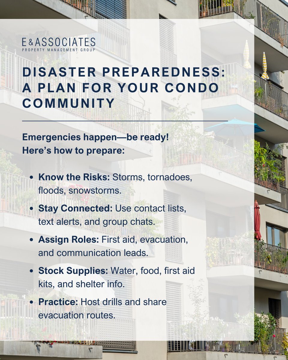 EAPROPERTYMGNT's tweet image. Create a condo disaster plan by assessing risks, building a communication system, assigning roles, stocking emergency supplies, and practicing regularly. Stay informed and connected with local emergency services to enhance safety and community preparedness.
