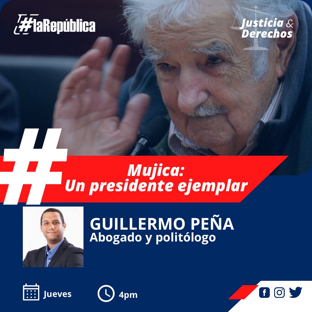 La República Radio (@larepradio) on Twitter photo “Mujica: un presidente ejemplar”, nuestro tema hoy en #LaRepúblicaRadio en nuestro segmento #justiciayderechos con el abogado y politólogo Guillermo Peña.
A partir de las 4pm por La Nota 95.7fm 📻🎙️
<a href="/BaezDerik/">Derik Báez Torres</a> <a href="/RDelgadilllo/">Ramieri Delgadillo Santana | Periodista</a> <a href="/Guillermopca/">Guillermo Peña Capellán</a> “Mujica: un presidente ejemplar”, nuestro tema hoy en #LaRepúblicaRadio en nuestro segmento #justiciayderechos con el abogado y politólogo Guillermo Peña.
A partir de las 4pm por La Nota 95.7fm 📻🎙️
<a href="/BaezDerik/">Derik Báez Torres</a> <a href="/RDelgadilllo/">Ramieri Delgadillo Santana | Periodista</a> <a href="/Guillermopca/">Guillermo Peña Capellán</a>