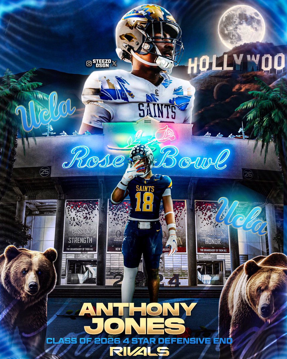 Steezo (@steezodsgn) on Twitter photo BREAKING: CO/26 4 โญ๏ธ DE Anthony Jones ( <a href="/Ajones2026/">4โญ๏ธAnthony โpoppaโ Jones</a> ) has committed to UCLA he tells me.
-
Anthony Jones is a 6โ5 (260 LBS) Defensive End out of Irvine, CA. He has a total of 25 offers but ultimately chose UCLA over his two other finalists of Tennessee and Washington. He ranks as BREAKING: CO/26 4 โญ๏ธ DE Anthony Jones ( <a href="/Ajones2026/">4โญ๏ธAnthony โpoppaโ Jones</a> ) has committed to UCLA he tells me.
-
Anthony Jones is a 6โ5 (260 LBS) Defensive End out of Irvine, CA. He has a total of 25 offers but ultimately chose UCLA over his two other finalists of Tennessee and Washington. He ranks as
