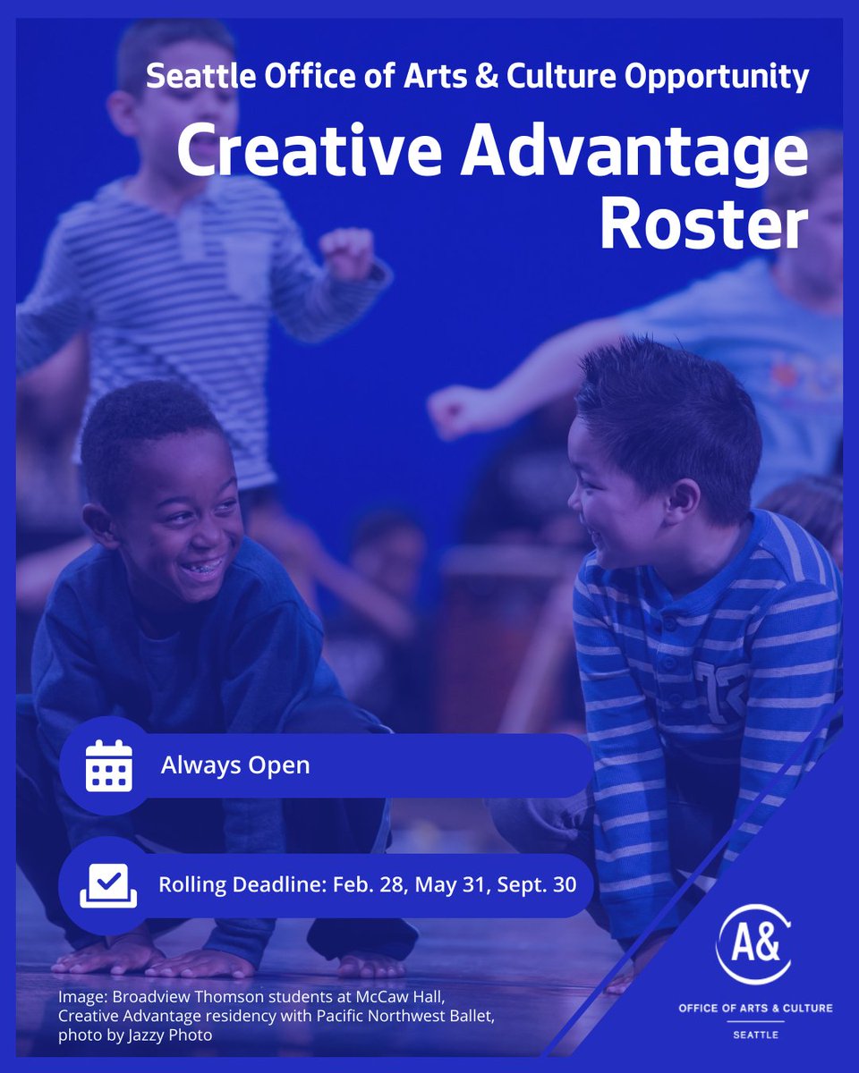 The next rolling deadline for joining the Creative Advantage Roster is coming up on May 31!

The Roster is a list of teaching artists and community arts and culture organizations who provide student residencies and teacher professional development.

Apply: creativeadvantageseattle.org/the-roster