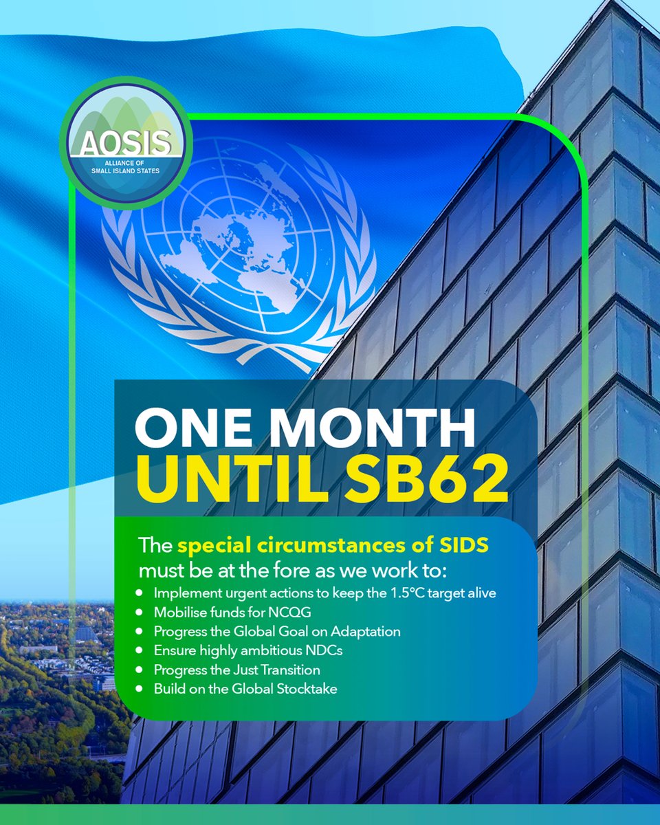 AOSIS (@aosischair) on Twitter photo โฑ๏ธ๐๐ก๐ ๐๐จ๐ฎ๐ง๐ญ๐๐จ๐ฐ๐ง ๐๐ฌ ๐๐งโผ๏ธ
On June 16 at #SB62 climate negotiators and stakeholders converge for critical talks before #COP30.
Enhancing support to strengthen SIDS' response to #climatechange is critical - and we are steadfast in our fight for #1o5ToStayAlive! ๐๏ธ๐ช โฑ๏ธ๐๐ก๐ ๐๐จ๐ฎ๐ง๐ญ๐๐จ๐ฐ๐ง ๐๐ฌ ๐๐งโผ๏ธ
On June 16 at #SB62 climate negotiators and stakeholders converge for critical talks before #COP30.
Enhancing support to strengthen SIDS' response to #climatechange is critical - and we are steadfast in our fight for #1o5ToStayAlive! ๐๏ธ๐ช