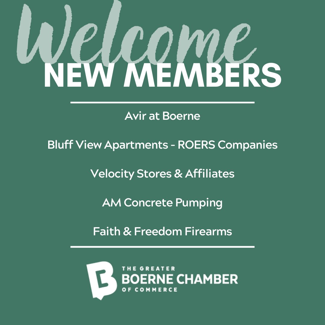 We’re thrilled to welcome a fantastic group of businesses to the Boerne Chamber of Commerce today. 🥳

Welcome to the Chamber!
🌟- Avir at Boerne
🌟- Bluff View Apartments - Roers Companies
🌟- Velocity Stores &amp; Affiliates
🌟- AM Concrete Pumping
🌟- Faith &amp; Freedom Firearms