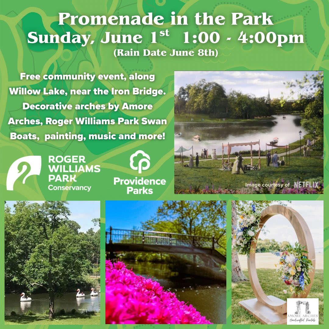 😍 Mark your calendars for the first Promenade in the Park!!
Come celebrate the season!🌹🌷
Stroll, see, and be seen. Photography encouraged!
💗Featuring Decorative arches from Amore Arches, Live Art by Sydney Darrow, Roger Williams Park Swan Boats, music and more!
🔗for details
